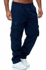 Men's Casual Multi-pocket Loose Straight Cargo Pants (Option: Navy blue-L)