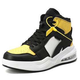 New trend fashion all cushion men's shoes high top board shoes basketball sneakers men's fashion shoes (Color: Black yellow, size: 44)