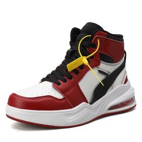 New trend fashion all cushion men's shoes high top board shoes basketball sneakers men's fashion shoes (Color: White red, size: 44)