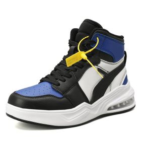 New trend fashion all cushion men's shoes high top board shoes basketball sneakers men's fashion shoes (Color: Black blue, size: 44)